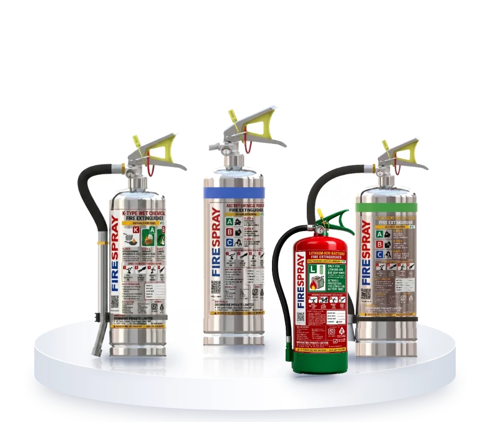 Metal (stainless steel) fire extinguishers by FireSpray: ABC, kitchen, clean agent and lithium